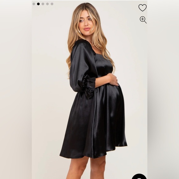 NWOT Black Satin Square Neck Babydoll Maternity Mini Dress - Picture 2 of 8